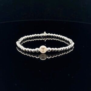 925 Sterling Silver Beaded Stretch Stacking Bracelet MOP Letter Initial T